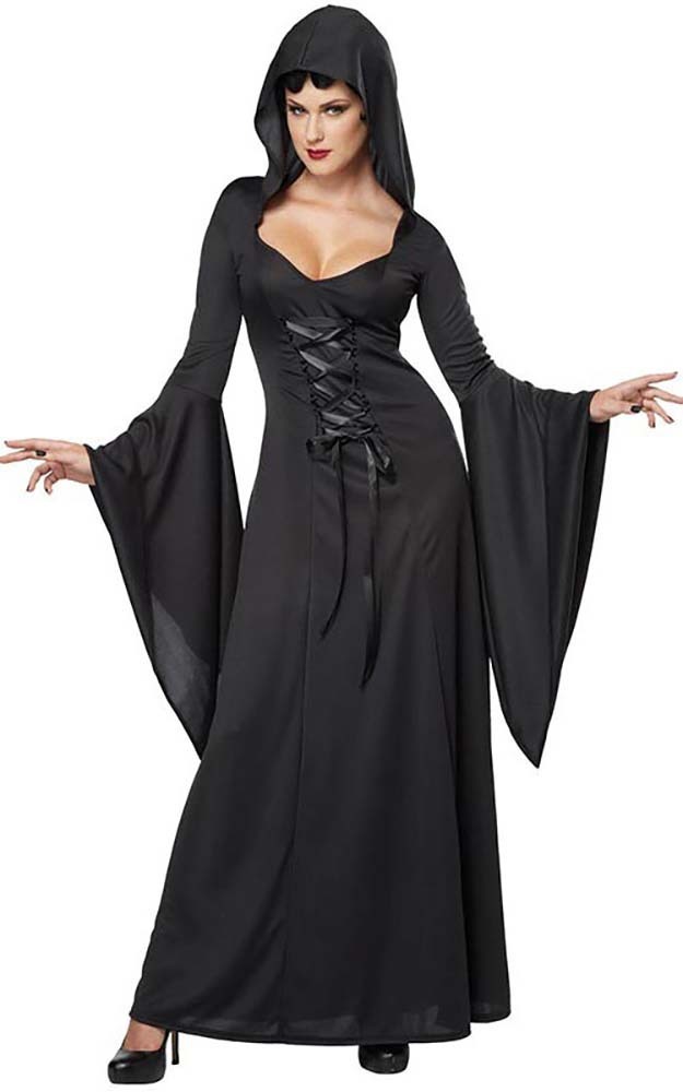 DELUXE HOODED BLACK GOTHIC VAMPIRE ROBE ADULT WOMENS DRESS HALLOWEEN ...