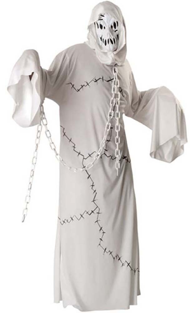 Cool Ghoul White Robe Mask Chain Ghost Adult Scary Fancy Dress